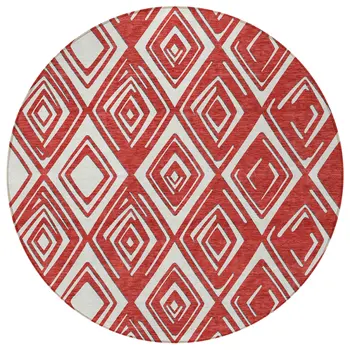 8' Red And Ivory Round Geometric Washable Indoor Outdoor Area Rug