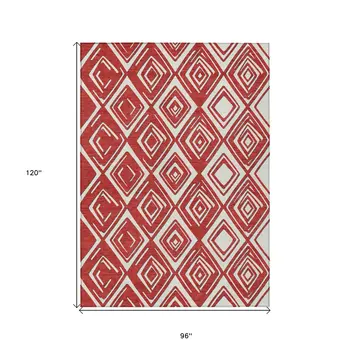8' X 10' Red And Ivory Geometric Washable Indoor Outdoor Area Rug