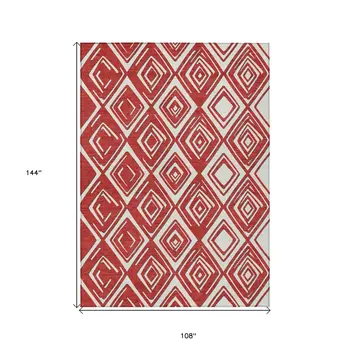 9' X 12' Red And Ivory Geometric Washable Indoor Outdoor Area Rug