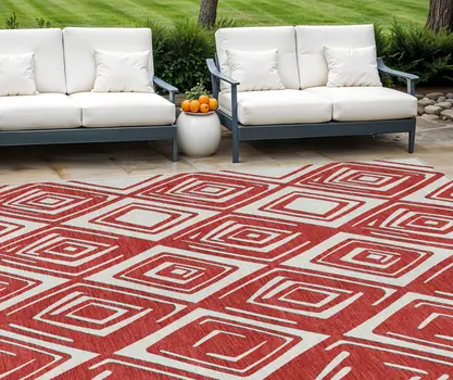 9' X 12' Red And Ivory Geometric Washable Indoor Outdoor Area Rug