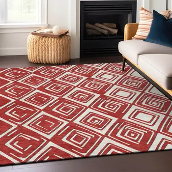 9' X 12' Red And Ivory Geometric Washable Indoor Outdoor Area Rug