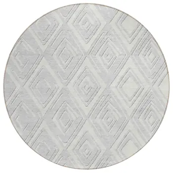 8' Silver And Ivory Round Geometric Washable Indoor Outdoor Area Rug