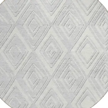 8' Silver And Ivory Round Geometric Washable Indoor Outdoor Area Rug