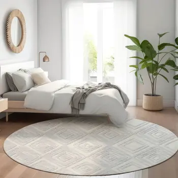 8' Silver And Ivory Round Geometric Washable Indoor Outdoor Area Rug