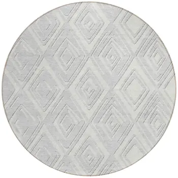 8' Silver And Ivory Round Geometric Washable Indoor Outdoor Area Rug