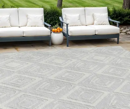 9' X 12' Silver And Ivory Geometric Washable Indoor Outdoor Area Rug