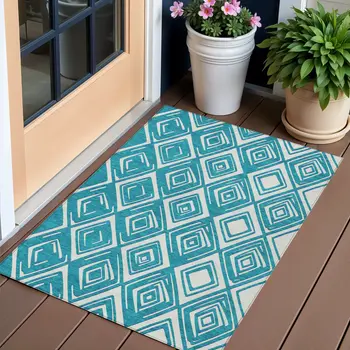 3' X 5' Teal Blue And Ivory Geometric Washable Indoor Outdoor Area Rug