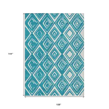 9' X 12' Teal Blue And Ivory Geometric Washable Indoor Outdoor Area Rug
