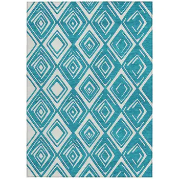 10' X 14' Teal Blue And Ivory Geometric Washable Indoor Outdoor Area Rug