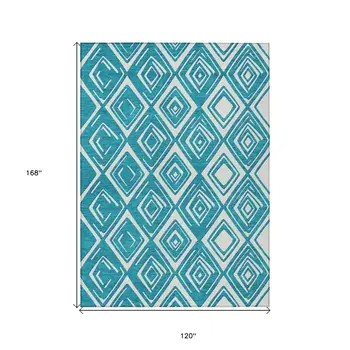 10' X 14' Teal Blue And Ivory Geometric Washable Indoor Outdoor Area Rug