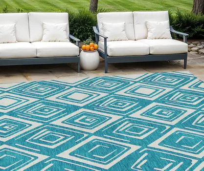 10' X 14' Teal Blue And Ivory Geometric Washable Indoor Outdoor Area Rug