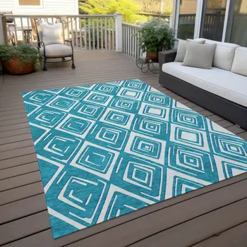 10' X 14' Teal Blue And Ivory Geometric Washable Indoor Outdoor Area Rug
