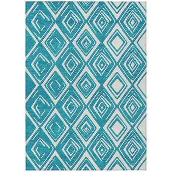 10' X 14' Teal Blue And Ivory Geometric Washable Indoor Outdoor Area Rug