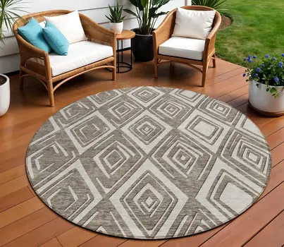 8' Taupe And Beige Round Geometric Washable Indoor Outdoor Area Rug