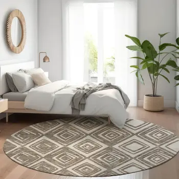 8' Taupe And Beige Round Geometric Washable Indoor Outdoor Area Rug