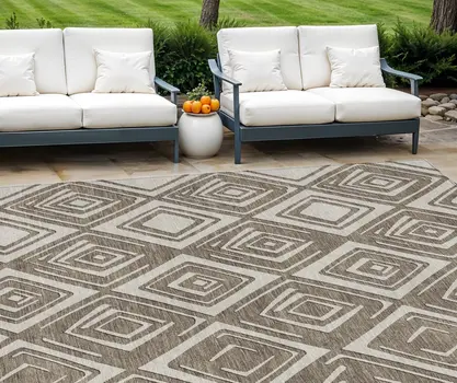 9' X 12' Taupe And Beige Geometric Washable Indoor Outdoor Area Rug