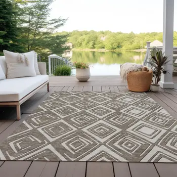 10' X 14' Taupe And Beige Geometric Washable Indoor Outdoor Area Rug