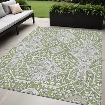 5' X 8' Artichoke Green Ivory And Gray Floral Washable Indoor Outdoor Area Rug