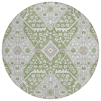 8' Artichoke Green Ivory And Gray Round Floral Washable Indoor Outdoor Area Rug