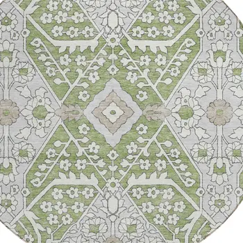 8' Artichoke Green Ivory And Gray Round Floral Washable Indoor Outdoor Area Rug