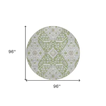 8' Artichoke Green Ivory And Gray Round Floral Washable Indoor Outdoor Area Rug
