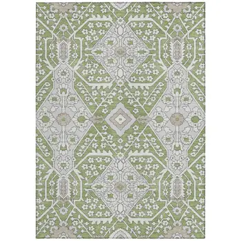 8' X 10' Artichoke Green Ivory And Gray Floral Washable Indoor Outdoor Area Rug