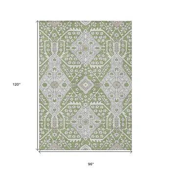 8' X 10' Artichoke Green Ivory And Gray Floral Washable Indoor Outdoor Area Rug