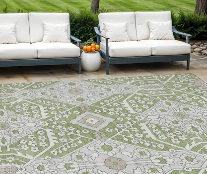 8' X 10' Artichoke Green Ivory And Gray Floral Washable Indoor Outdoor Area Rug