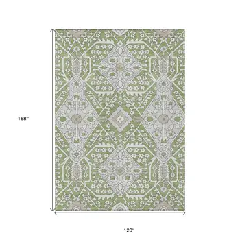 10' X 14' Artichoke Green Ivory And Gray Floral Washable Indoor Outdoor Area Rug