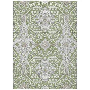 10' X 14' Artichoke Green Ivory And Gray Floral Washable Indoor Outdoor Area Rug