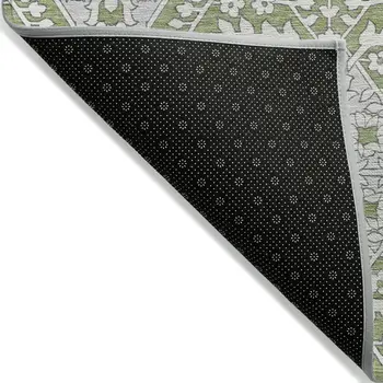 10' X 14' Artichoke Green Ivory And Gray Floral Washable Indoor Outdoor Area Rug