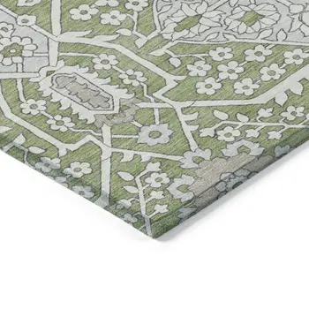 10' X 14' Artichoke Green Ivory And Gray Floral Washable Indoor Outdoor Area Rug
