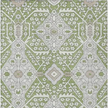 10' X 14' Artichoke Green Ivory And Gray Floral Washable Indoor Outdoor Area Rug
