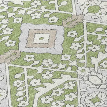 10' X 14' Artichoke Green Ivory And Gray Floral Washable Indoor Outdoor Area Rug
