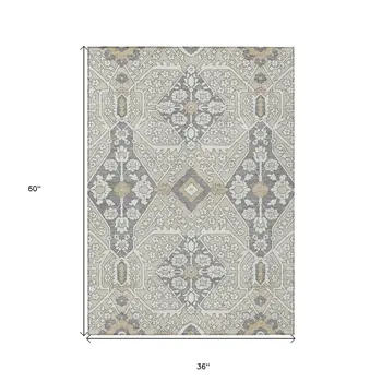 3' X 5' Beige Ivory And Gray Floral Washable Indoor Outdoor Area Rug
