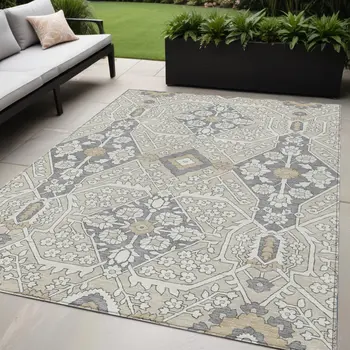 5' X 8' Beige Ivory And Gray Floral Washable Indoor Outdoor Area Rug