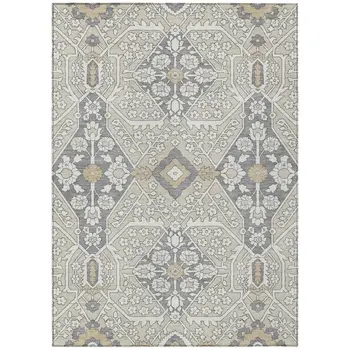 5' X 8' Beige Ivory And Gray Floral Washable Indoor Outdoor Area Rug