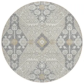8' Beige Ivory And Gray Round Floral Washable Indoor Outdoor Area Rug