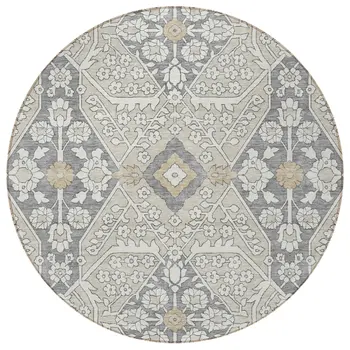 8' Beige Ivory And Gray Round Floral Washable Indoor Outdoor Area Rug