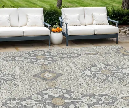 8' X 10' Beige Ivory And Gray Floral Washable Indoor Outdoor Area Rug