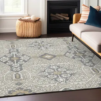 8' X 10' Beige Ivory And Gray Floral Washable Indoor Outdoor Area Rug