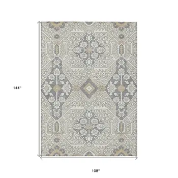 9' X 12' Beige Ivory And Gray Floral Washable Indoor Outdoor Area Rug