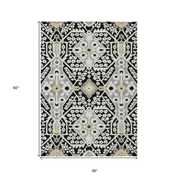 3' X 5' Black Gray And Gold Floral Washable Indoor Outdoor Area Rug