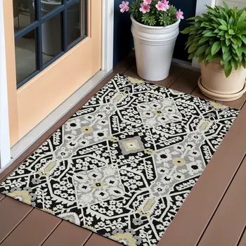 3' X 5' Black Gray And Gold Floral Washable Indoor Outdoor Area Rug