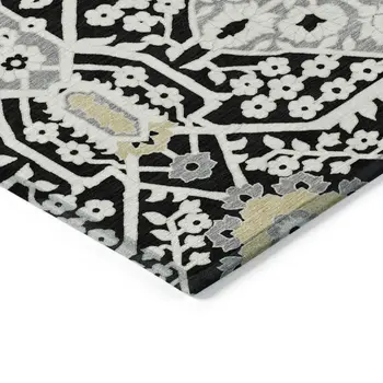 3' X 5' Black Gray And Gold Floral Washable Indoor Outdoor Area Rug