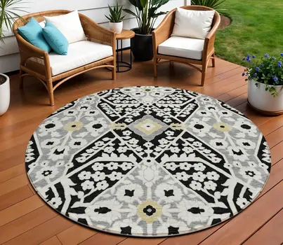 8' Black Gray And Gold Round Floral Washable Indoor Outdoor Area Rug