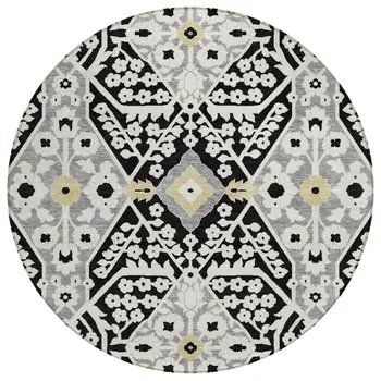 8' Black Gray And Gold Round Floral Washable Indoor Outdoor Area Rug