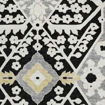 8' Black Gray And Gold Round Floral Washable Indoor Outdoor Area Rug