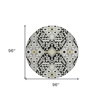 8' Black Gray And Gold Round Floral Washable Indoor Outdoor Area Rug