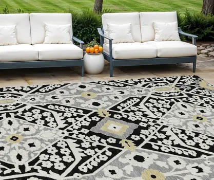 8' X 10' Black Gray And Gold Floral Washable Indoor Outdoor Area Rug